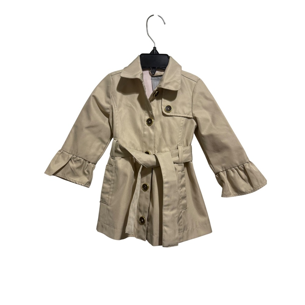 Tahari Trench Coat Kids 12M Beige Ruffle Sleeve Belted‎ Button Front Jacket